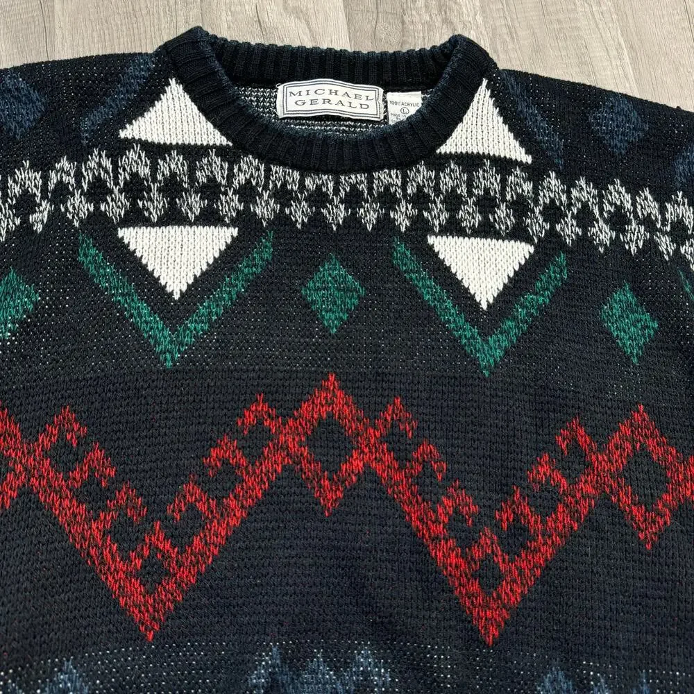 Vintage Grandpa Crew Neck Sweater Geometric Stripped Size Large Dark Academia